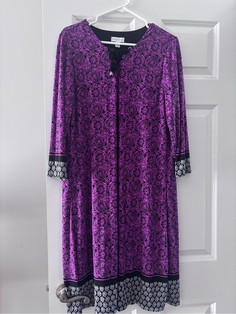 Susan Graver Purple and Black Printed Dress with Rope Detail